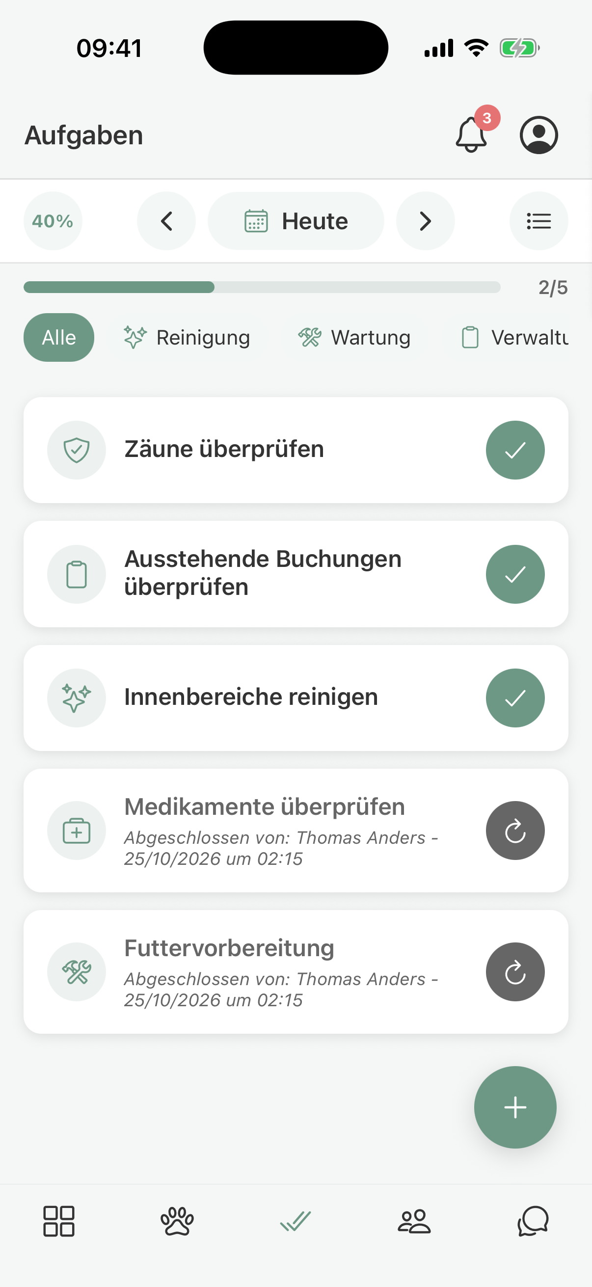 Tasks in pawganizer for cleaning, maintenance, and admin, with the day's progress
