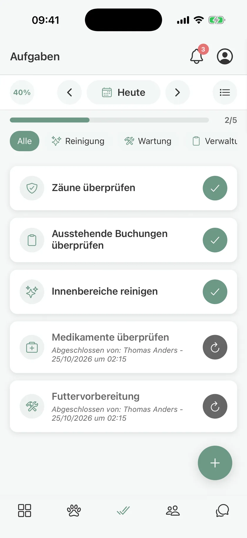 Tasks in pawganizer for cleaning, maintenance, and admin, with the day's progress