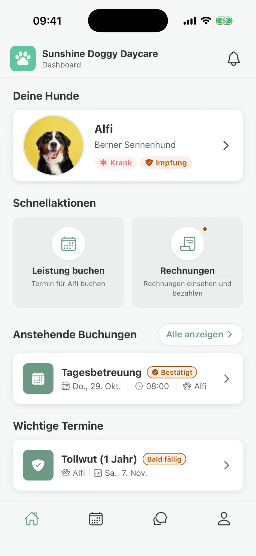 The pawganizer customer app, with booking, invoices, and a vaccination that is due