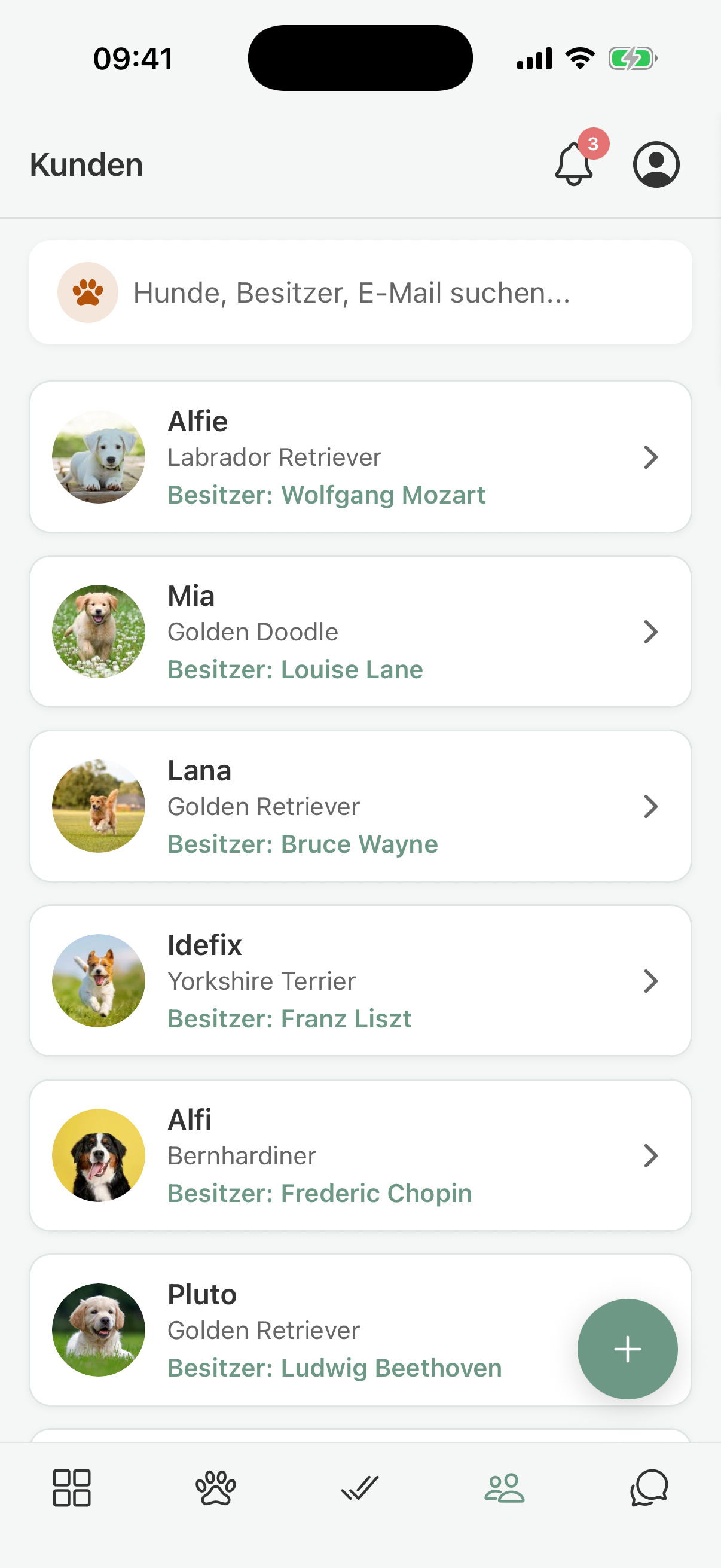 Customer list in pawganizer with dogs, breeds, and owners