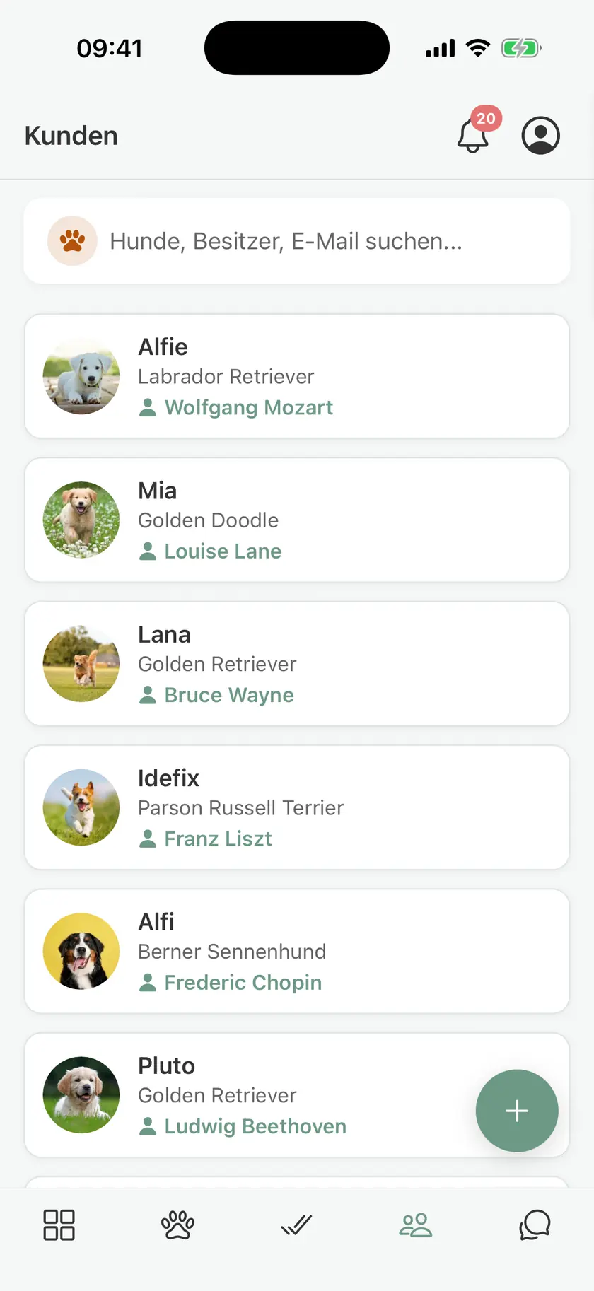 Customer list in pawganizer with dogs, breeds, and owners