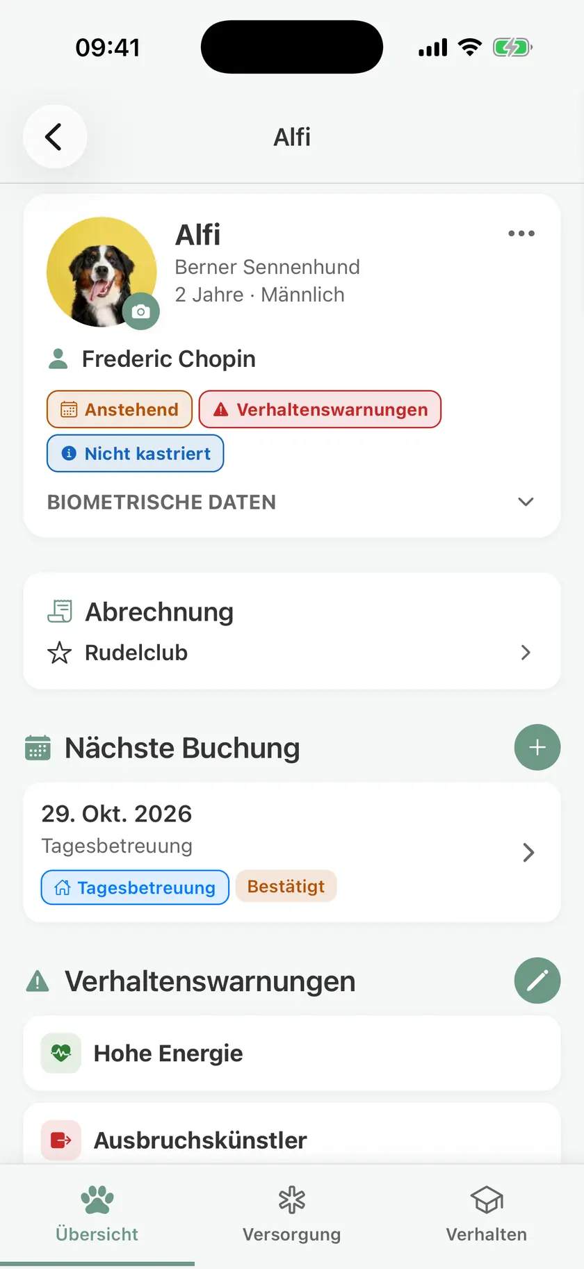 Alfi's dog profile in pawganizer, with warnings, the next booking, and the membership
