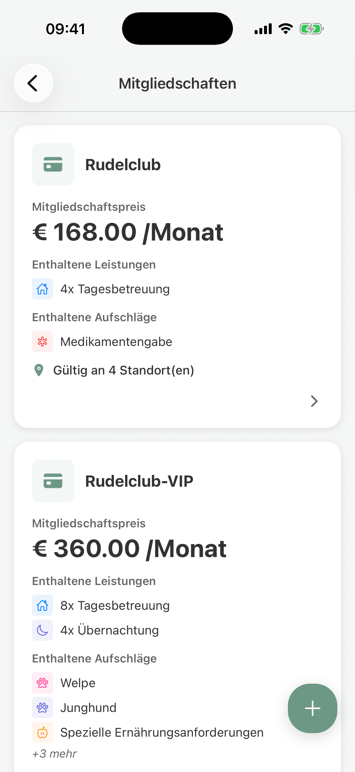 Memberships in pawganizer with a monthly price, included services, and surcharges