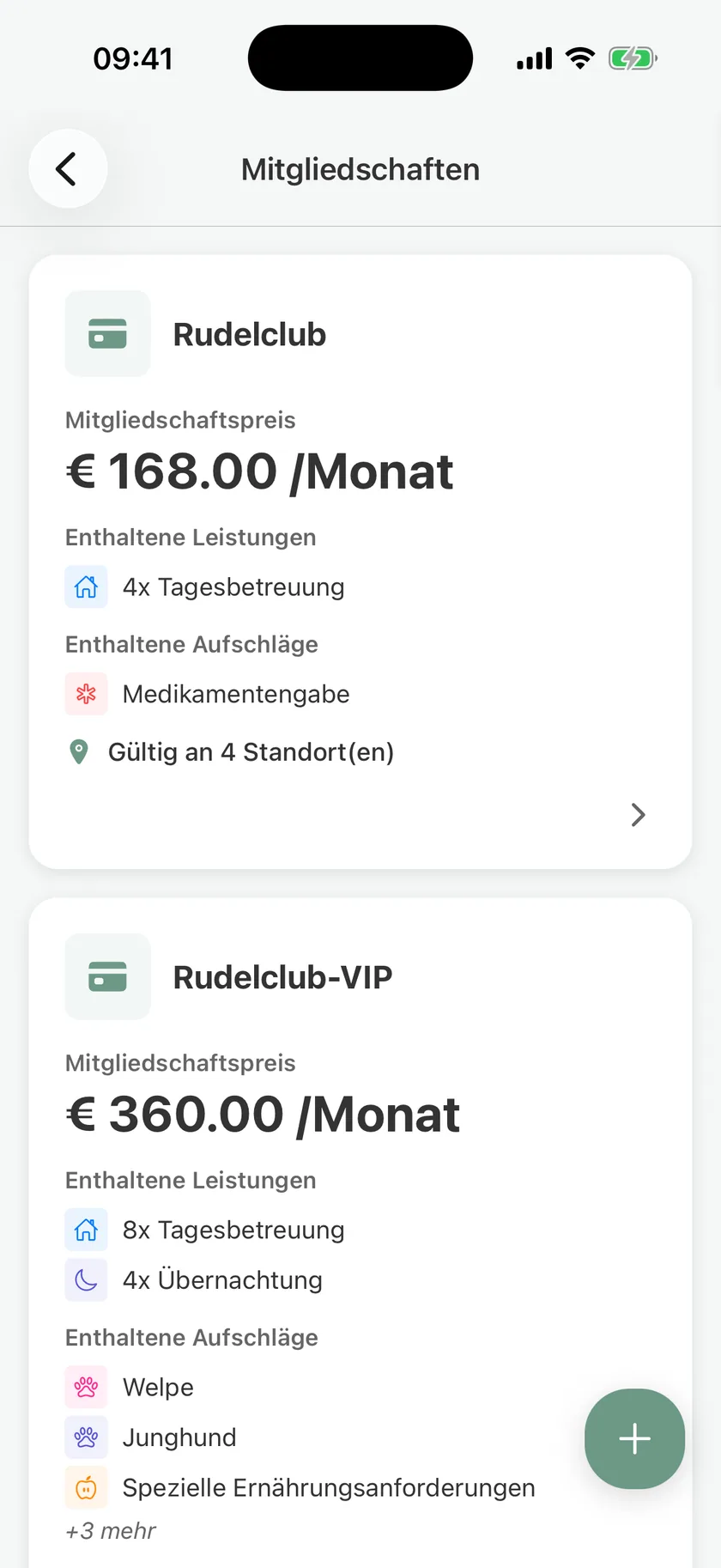 Memberships in pawganizer with a monthly price, included services, and surcharges