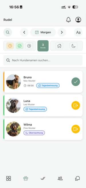 Tagesliste in pawganizer mit Hunden, die heute kommen Tagesliste in pawganizer mit Hunden, die heute kommen